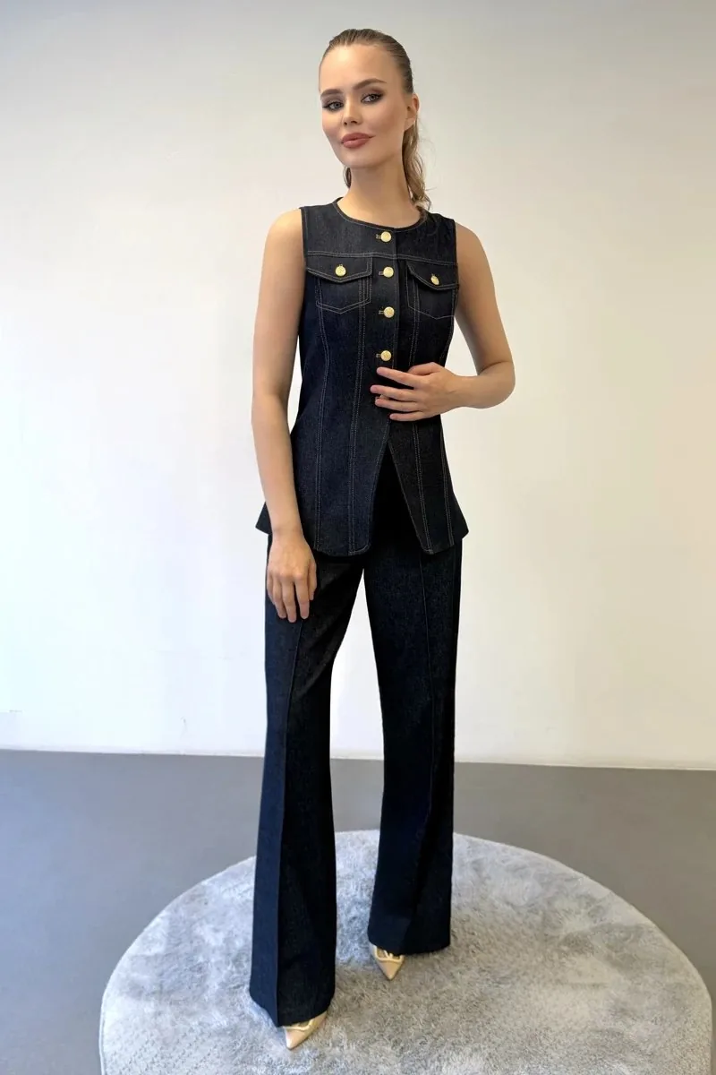 Premium Denim-Look Contrast-Stitch Vest Set — Navy