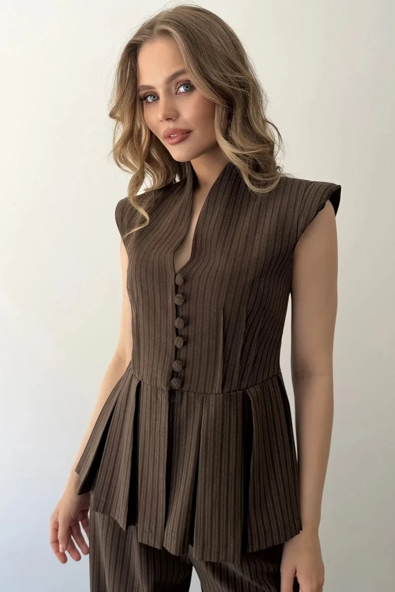 Ruffle-Detail Striped Two-Piece Set — Pinstripe Dark Brown