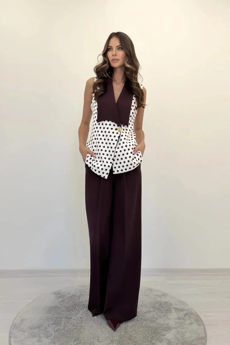 Polka-Dot Contrast Shawl-Collar Vest Set — Plum