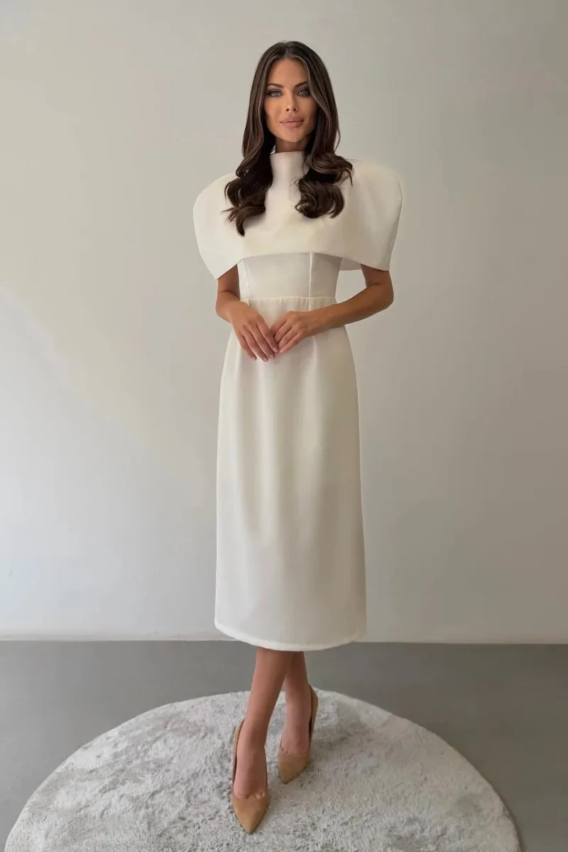 Bolero-Detail High-Neck Midi Dress — White