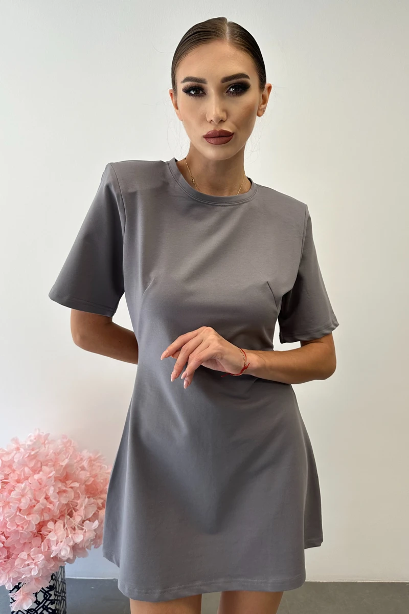 Shoulder-Padded Cotton Mini Dress — Anthracite