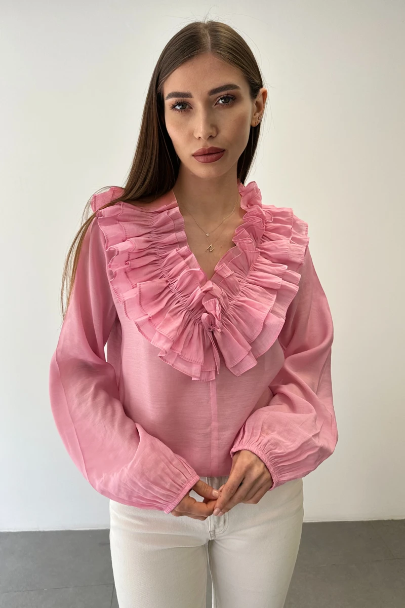 Ruffle-Collar Modal Shirt — Pink