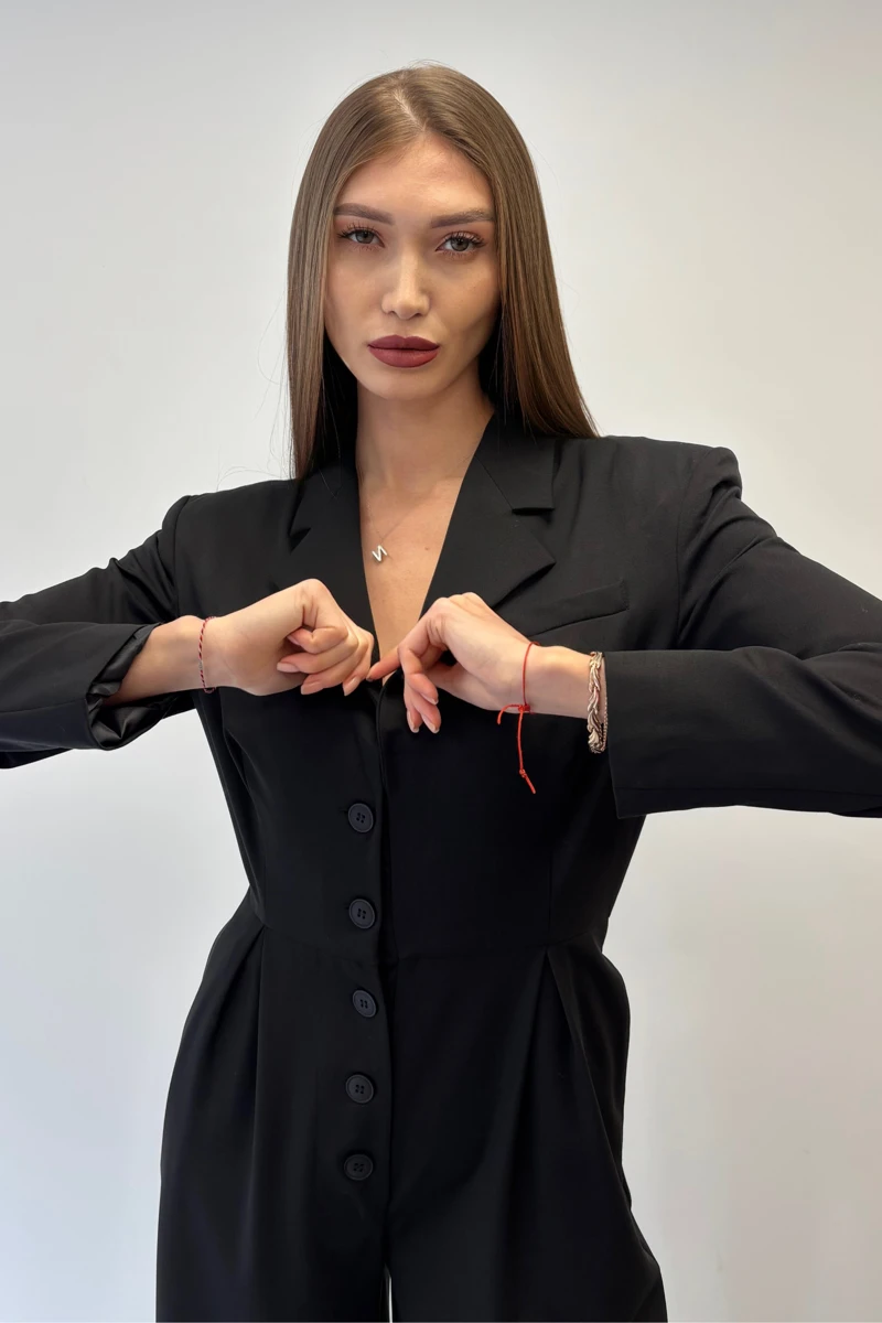 Shoulder-Padded Buttoned Jumpsuit — Black